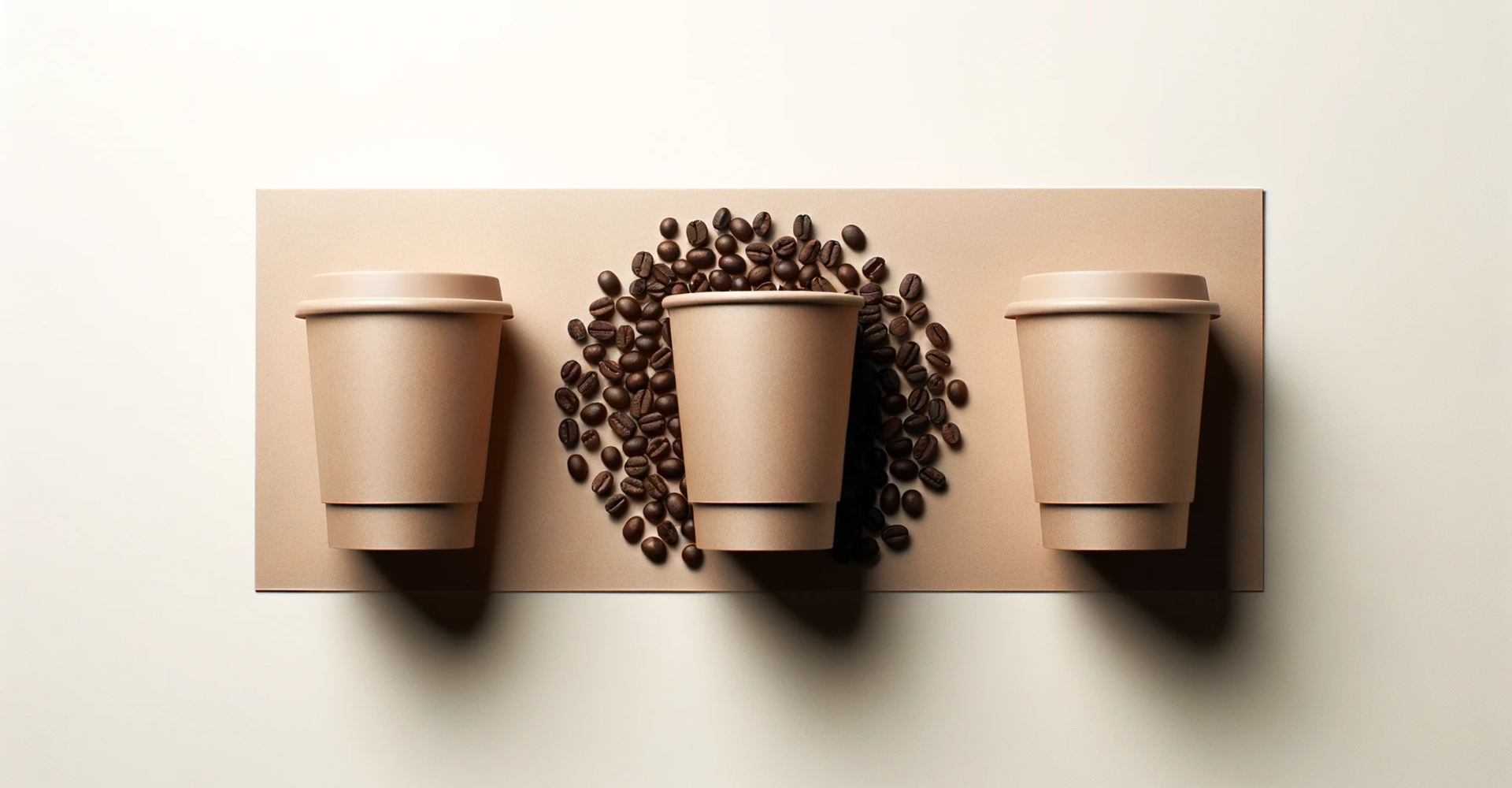 DALL·E 2023-10-22 16.04.37 - Photo of a minimalist website banner for a packaging firm. Three brown paper cups are placed in a triangular arrangement, with coffee beans tastefully