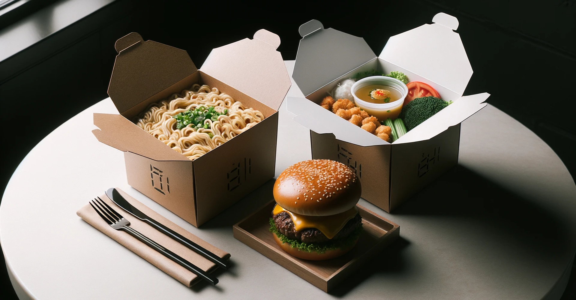 DALL·E 2023-10-22 16.20.34 - Photo of a modern dining setup with a prominent noodle box and a burger box. The noodle box, filled with hot noodles and garnishes, sits beside a burg